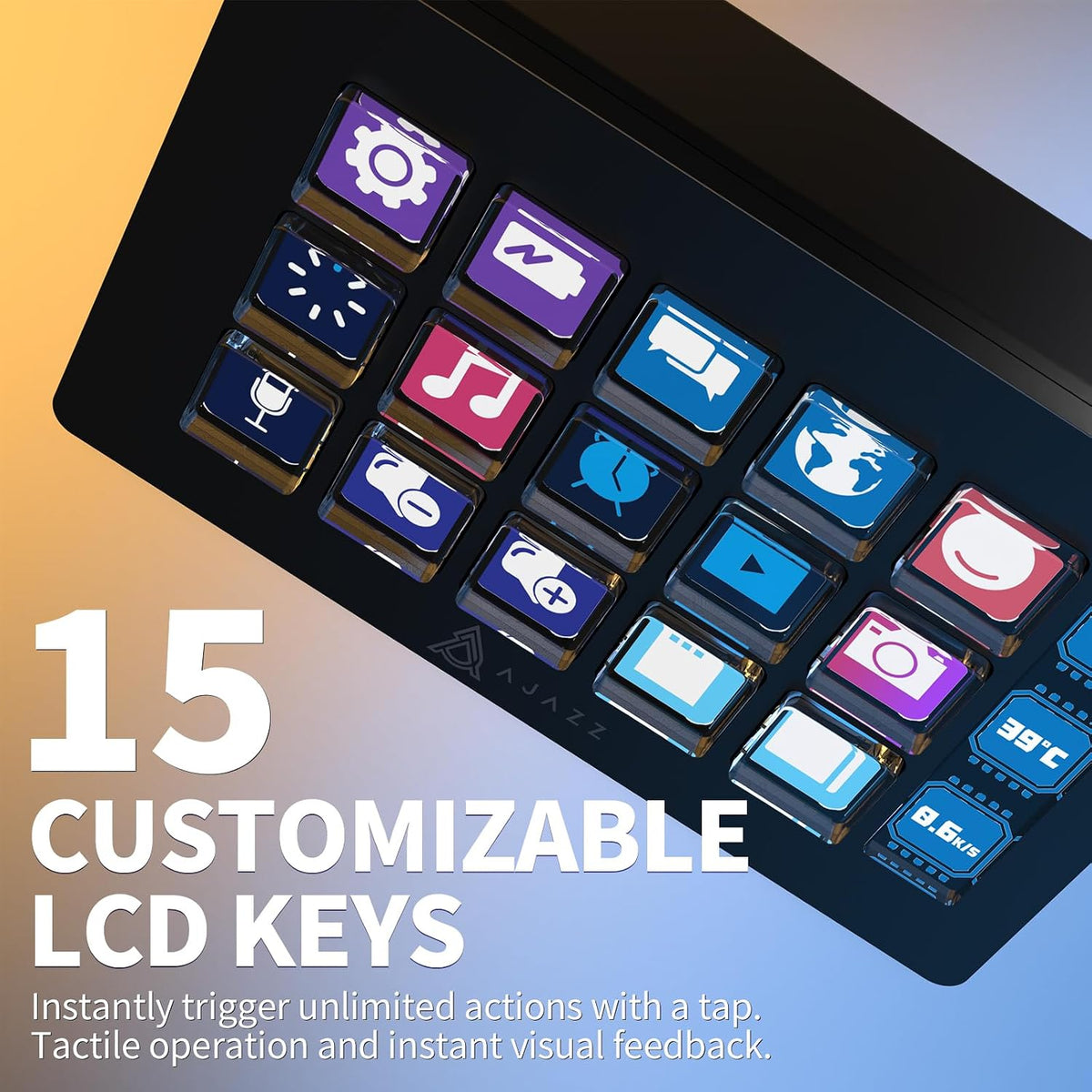 AKP153 Stream Studio Controller Keypad Type-C Wired Keyboard-Black | 15 Macro LCD Key,1 Side Screen Display,Detachable Stand for Multi Action Triggered in WIN MAC Twitter Tiktok Youtube OBS App