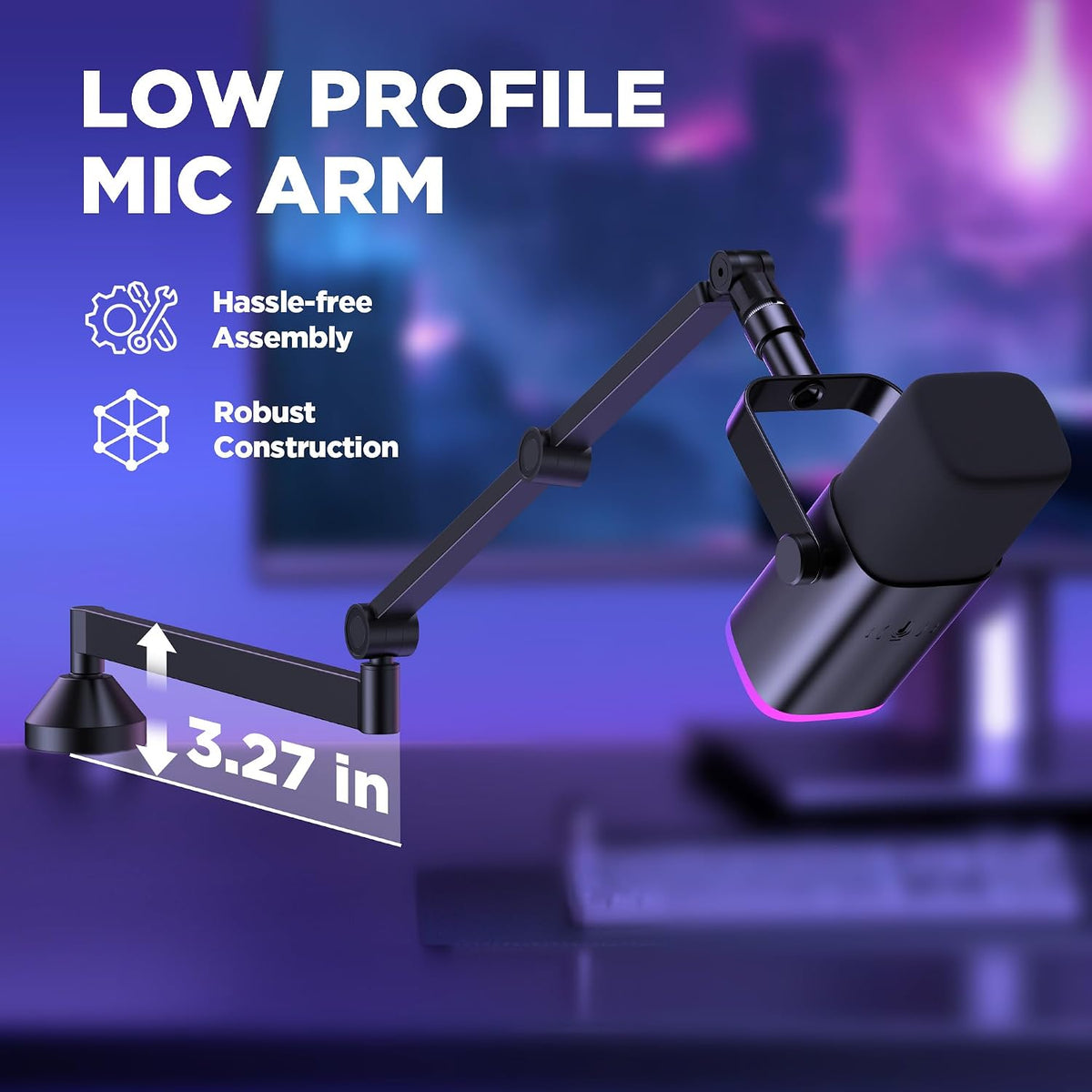 Low Profile Mic Arm Foldable Boom Arm Mic Stand Desk for Fifine | Smooth Adjustment, 360° Rotation, 3.3 Lb Weight Capacity, Horizontal Reach 26.1", 3/8" to 5/8" Adapter, for Desk under 2.75"