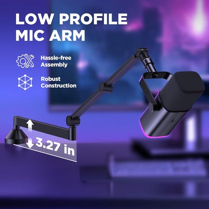 Low Profile Mic Arm Foldable Boom Arm Mic Stand Desk for Fifine | Smooth Adjustment, 360° Rotation, 3.3 Lb Weight Capacity, Horizontal Reach 26.1", 3/8" to 5/8" Adapter, for Desk under 2.75"