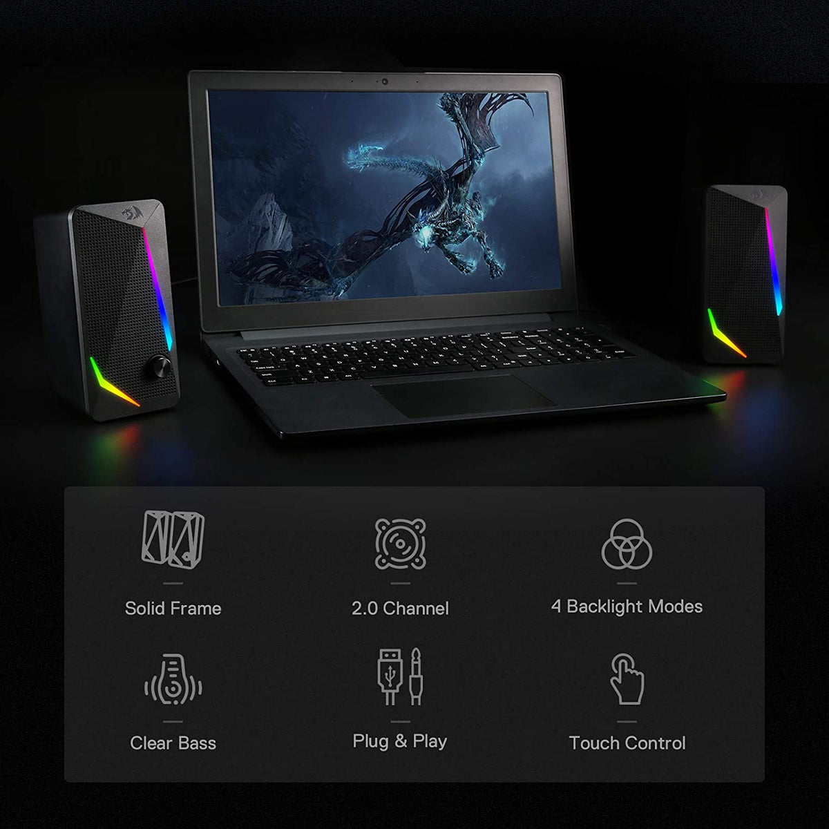 GS510 RGB Wired Desktop Speakers, 2.0 Channel Stereo Sound, Black | 4 Colorful LED Backlight Modes, Enhanced Bass, Easy-Access Volume Control, Plug & Play USB Powered PC Gaming Speaker