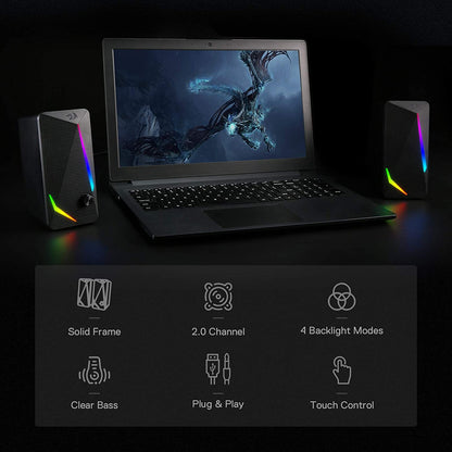 GS510 RGB Wired Desktop Speakers, 2.0 Channel Stereo Sound, Black | 4 Colorful LED Backlight Modes, Enhanced Bass, Easy-Access Volume Control, Plug & Play USB Powered PC Gaming Speaker