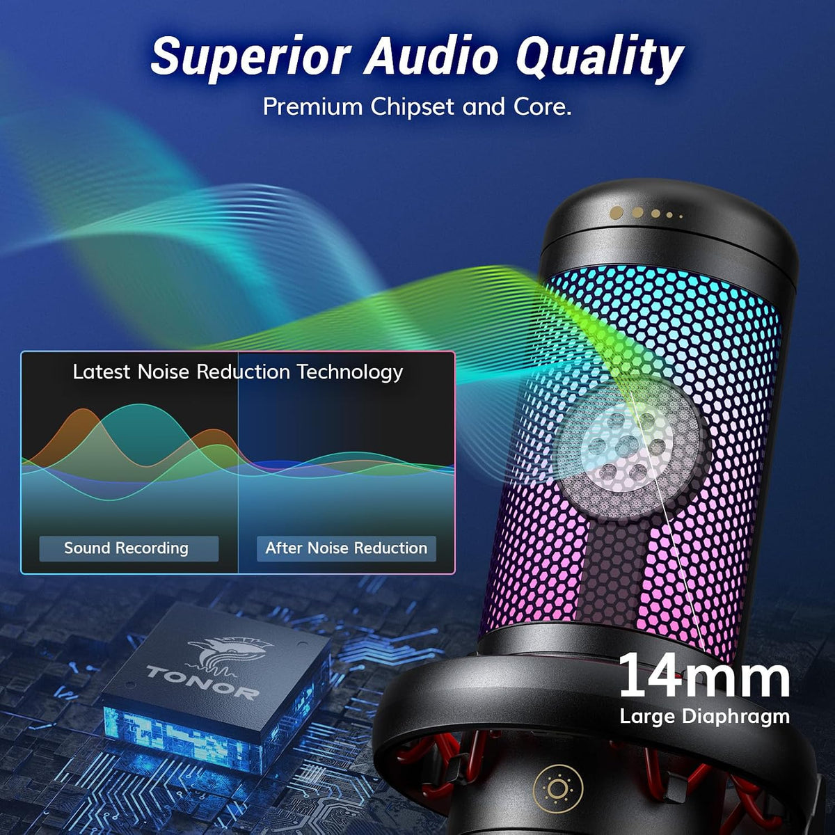 Gaming Microphone Set, PC Condenser Mic with RGB for Gamers | Desktop Stand Set, Quick Mute, Volume Control, for Twitch Streaming, Discord Chatting, 200 Cm/78'' Cable, Black, TC310