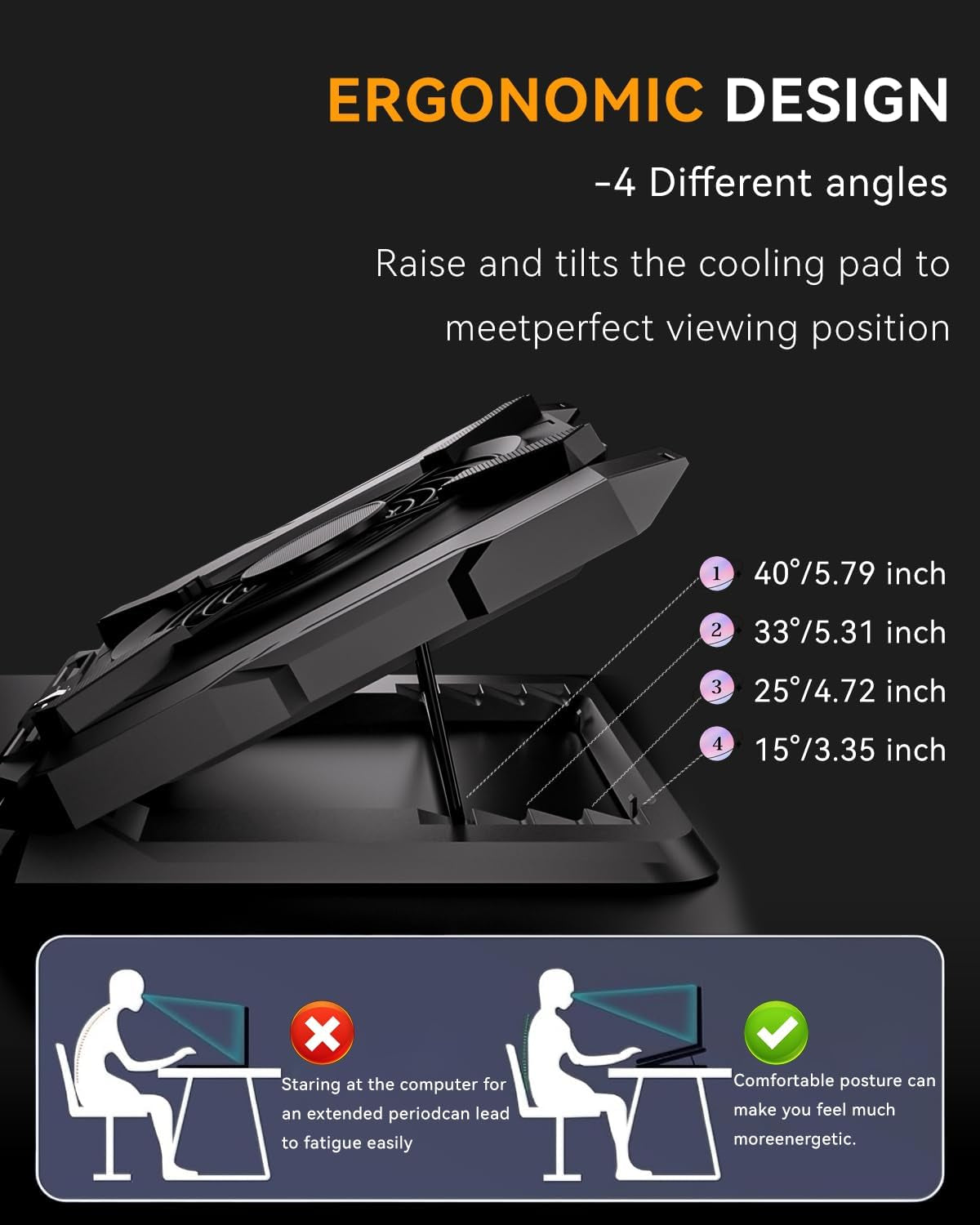 Laptop Cooling Pad, Gaming Laptop Cooler with 7.1 Inch Powerful Fan, RGB Lights & 3-Speed Fan Control & LCD Diamond Design, Height Adjustable Quiet Laptop Cooling Stand for 12"-21" Laptops Etc
