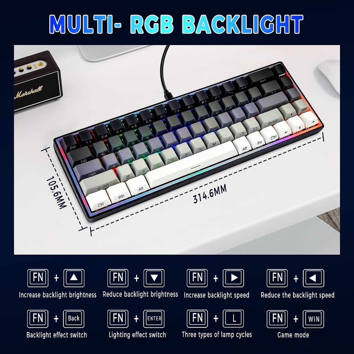 65% Gaming Keyboard, LED Backlit Mini Wired Keyboard, Ultra-Compact Anti-Ghosting No-Conflict 68 Keys Membrane Gaming Wired Keyboard for PC Laptop Windows Gamer(Gray-White)