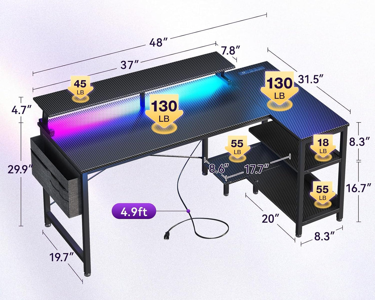 48 Inch L Shaped Gaming Desk with LED Lights, Power Outlets, Black | Adjustable Monitor Stand, Open Storage Shelves, Hanging Side Bag, PC Tower Stand, Reversible Layout for Gaming