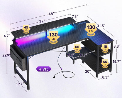 48 Inch L Shaped Gaming Desk with LED Lights, Power Outlets, Black | Adjustable Monitor Stand, Open Storage Shelves, Hanging Side Bag, PC Tower Stand, Reversible Layout for Gaming