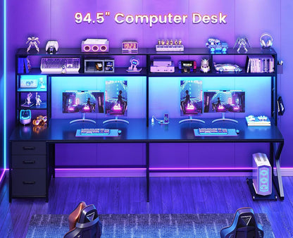 L Shaped Gaming Desk with Storage Shelves, Hutch, Drawers | Convertible 94.5" Computer Desk with Power Outlet, LED Lights, Pegboard, Corner Gaming Table for Home Office, Black