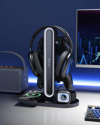 Headphone Stand, Dual Controller Holder, Magsafe Charger for Iphone/Iwatch | RGB Gaming Headset Stand for All Headphones, Dual Outputs, ABS Solid Base, Adapter Included, Table Desk Organizer