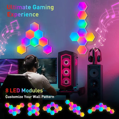 8 Pack Hexagon Lights LED Wall Panels, RGB Color Gaming Light Decoration with App/Music Sync & Remote, Boys DIY Smart Modular Hexagonal Honeycomb Bedroom Glide Hex Tiles Panel