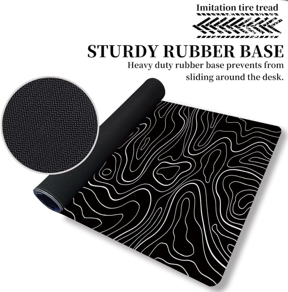 Black Topographic Large Gaming Mouse Pad Extended XXL(900 * 400 * 3MM) Mouse Mat Long Desk Pad with Stitched Edges for Keyboard Home Office Gaming Work Big Desk Mat