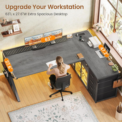 63"X27.6" L Shaped Gaming Desk with 4 Drawers Storage, Grey | Corner Office Desk with LED Lights & Acrylic Cabinet for Home Office, Executive Computer Desk for Bedroom