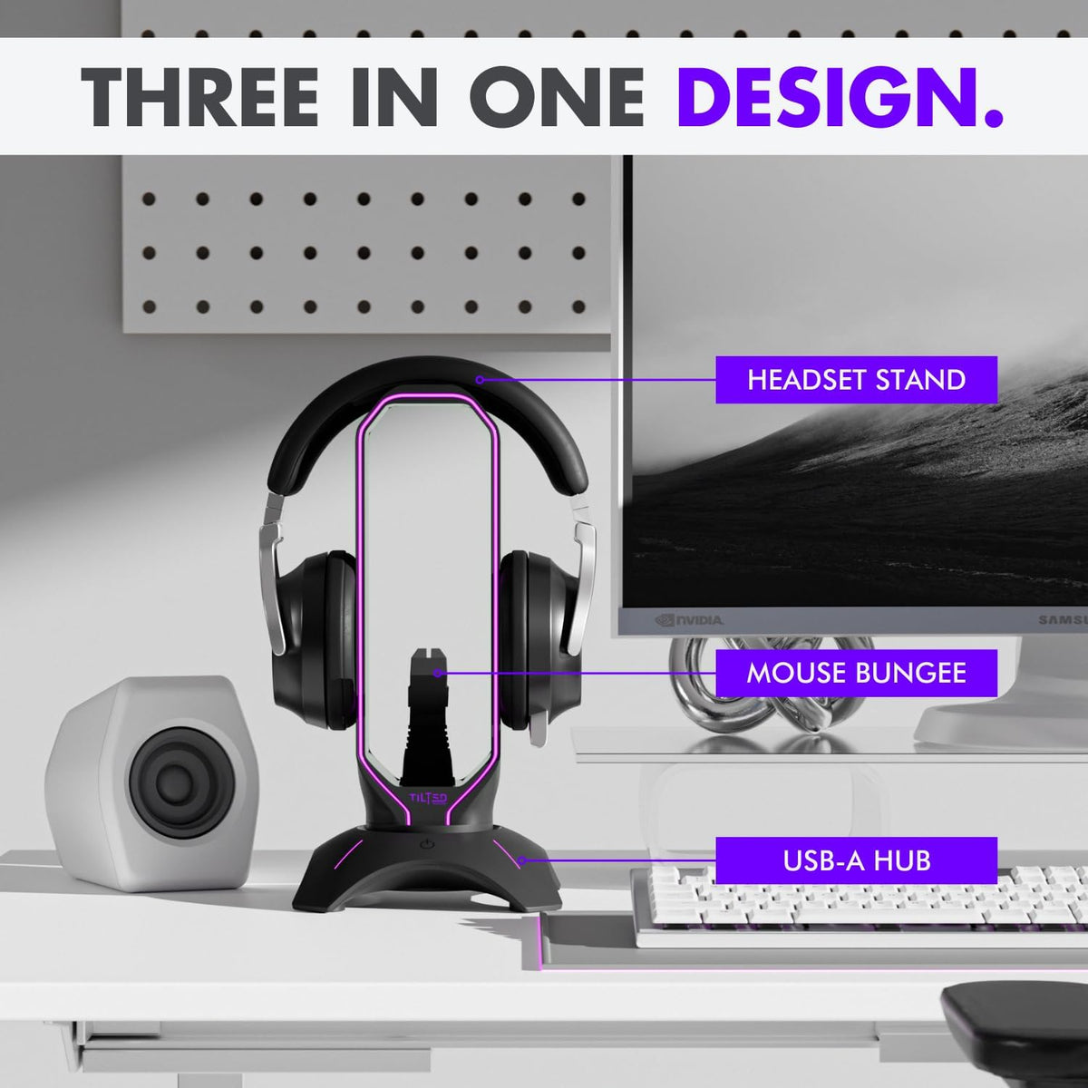 Gaming Headset Stand | RGB Headphone Stand for Desk with Mouse Bungee and USB Hub (Cool and Clean Setup) Gaming Headset Holder - Perfect Gamer Gift Accessory