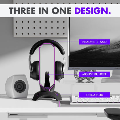 Gaming Headset Stand | RGB Headphone Stand for Desk with Mouse Bungee and USB Hub (Cool and Clean Setup) Gaming Headset Holder - Perfect Gamer Gift Accessory