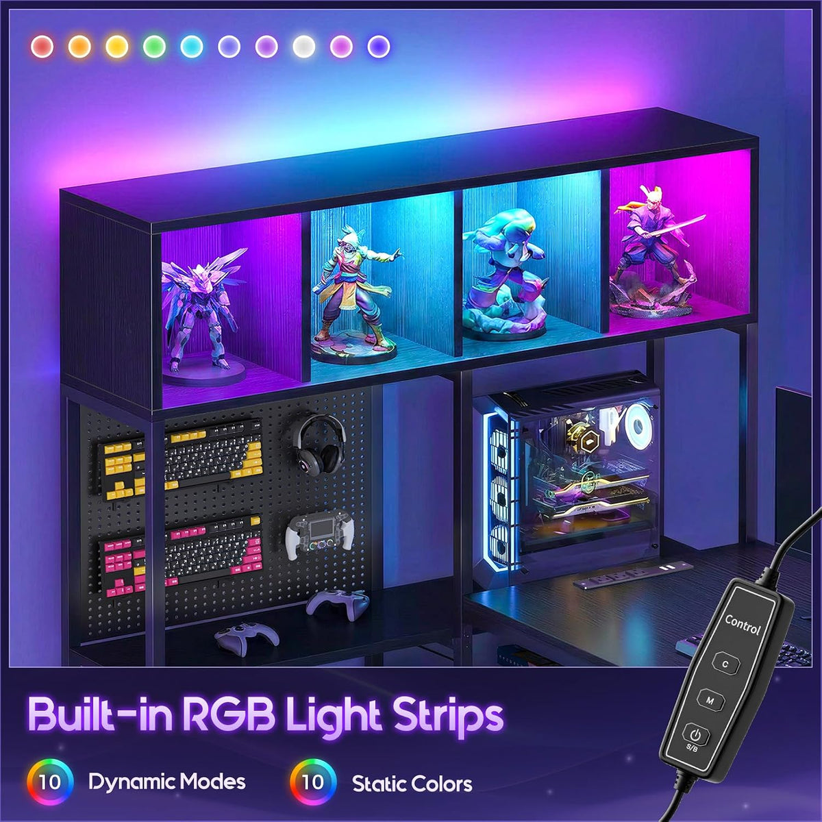 63" L Shaped Gaming Desk with Display Hutch and Large Desktop, Black | LED Lights, Power Outlets, PC Tower Display Shelf, Pegboard, Storage Shelves, Reversible Layout for Gaming and Home Office