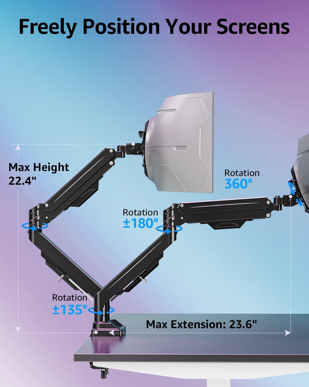 Dual Monitor Stand for Max 43 Inch Screens, Ultrawide Monitor Arm Height Adjustable, Heavy Duty Dual Monitor Mount, Full Motion Premium Monitors Arm, Holds 2.2 to 33 Lbs, VESA Desk Mount