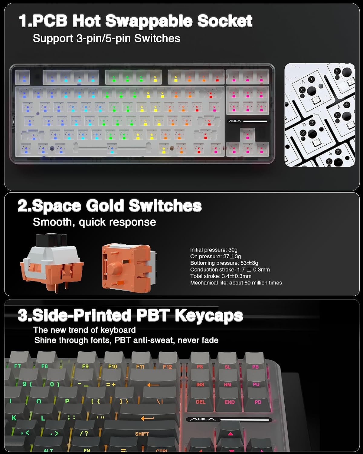 F87 Pro Wireless Mechanical Keyboard,Tri-Mode Bt5.0/2.4Ghz/Usb-C Hot Swappable Custom Keyboard,Pre-Lubed Switches,Side Printed PBT Keycaps,75% TKL RGB Backlit Gaming Keyboards