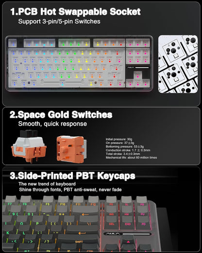 F87 Pro Wireless Mechanical Keyboard,Tri-Mode Bt5.0/2.4Ghz/Usb-C Hot Swappable Custom Keyboard,Pre-Lubed Switches,Side Printed PBT Keycaps,75% TKL RGB Backlit Gaming Keyboards