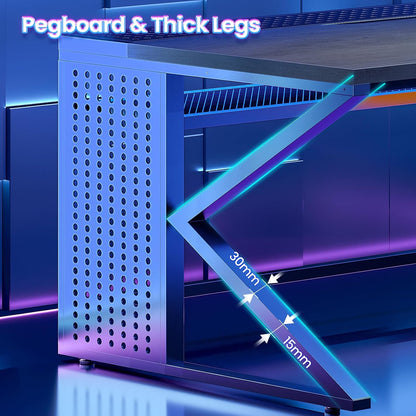63"X27.6" L Shaped Gaming Desk with 4 Drawers Storage, Grey | Corner Office Desk with LED Lights & Acrylic Cabinet for Home Office, Executive Computer Desk for Bedroom