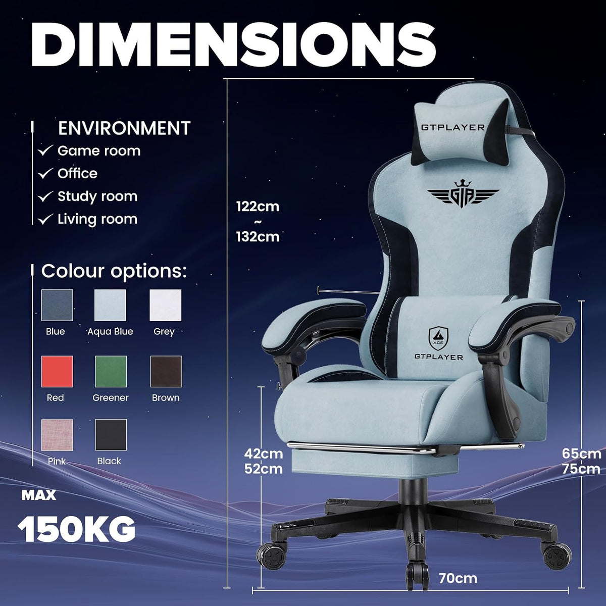 Gaming Chair, Computer Office Chair Lumbar Support, Linkage Armrests and Footrest, Ergonomic Game Chair for Adults with Extended Backrest, Velvet Fabric, Light Blue