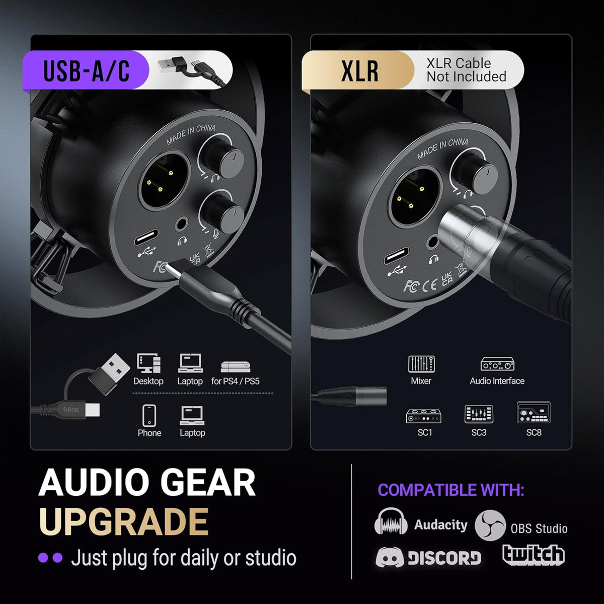 Amplitank K688CT Podcast Microphone Kit, USB/XLR Dynamic Vocal Mic | Streaming Mic with Boom Arm for PC/XLR Mixer, with Mute Button, Headphone Jack, Gain Knob, for Gaming Voice-Over Recording