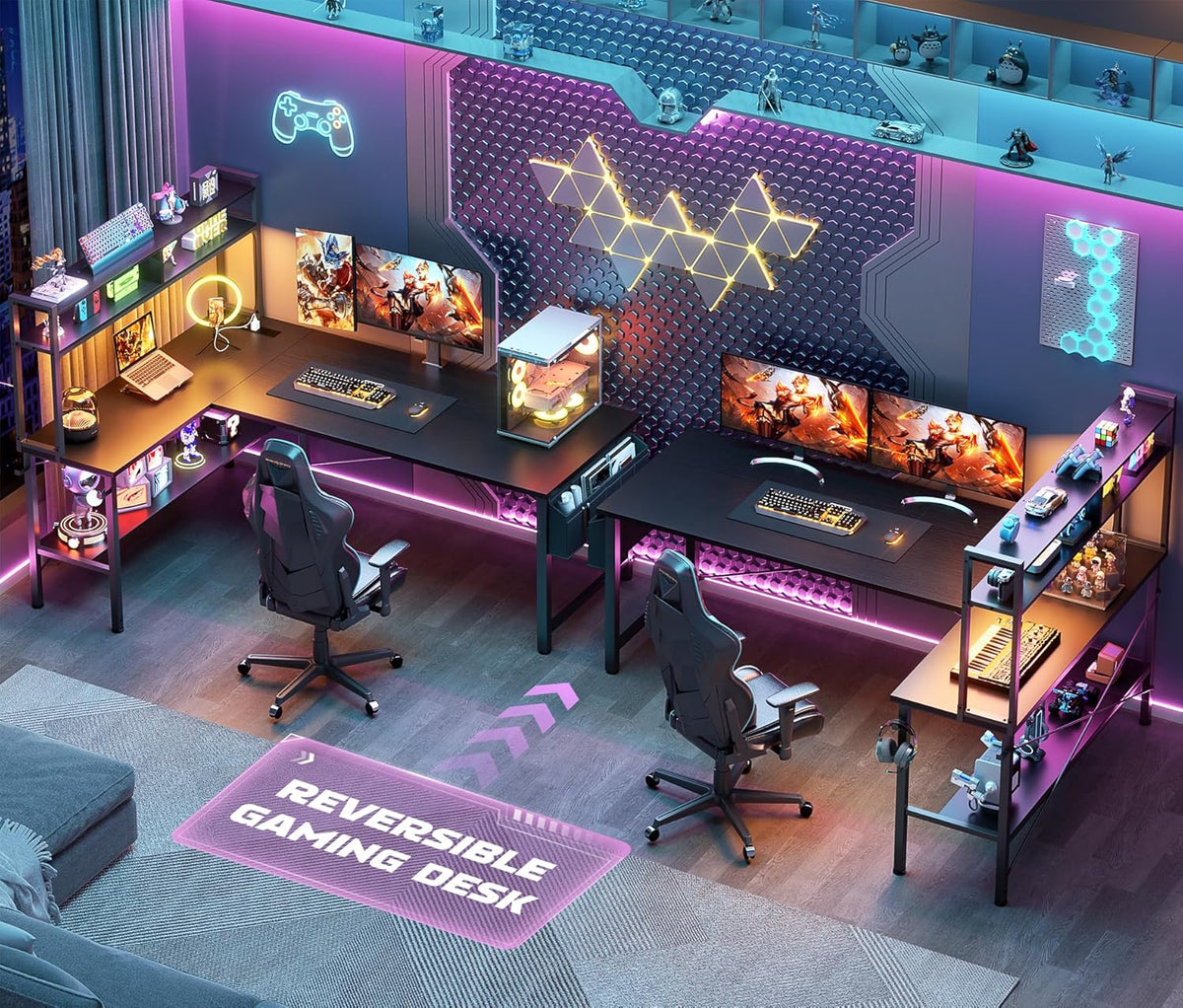 L Shaped Desk Gaming Desk, 59" L Shaped Computer Desk with LED Light & Power Outlet, Reversible Home Office Desk Gamer Desks with Shelves & Storage Bag & Hooks, Corner PC Desk, Black
