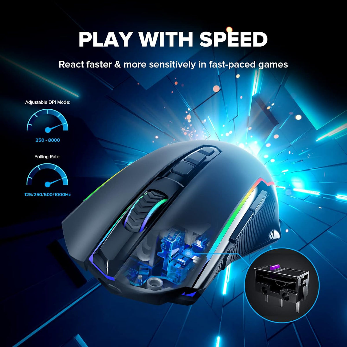 Gaming Mouse, Wireless Mouse Gaming with 8000 DPI, PC Gaming Mice with Fire Button, RGB Backlit Programmable Ergonomic Mouse Gamer, Rechargeable, 70Hrs for Windows, Mac Gamer, Black
