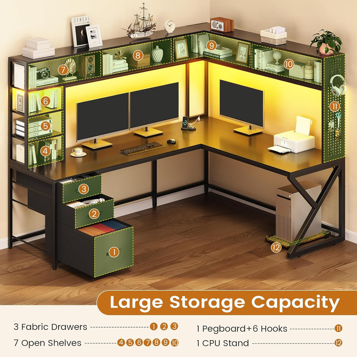 L Shaped Gaming Desk with Storage Shelves, Hutch, Drawers | Convertible 94.5" Computer Desk with Power Outlet, LED Lights, Pegboard, Corner Gaming Table for Home Office, Black