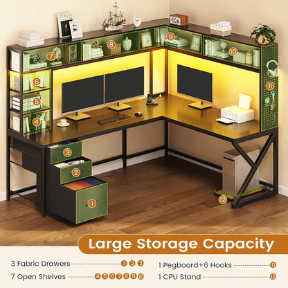 L Shaped Gaming Desk with Storage Shelves, Hutch, Drawers | Convertible 94.5" Computer Desk with Power Outlet, LED Lights, Pegboard, Corner Gaming Table for Home Office, Black