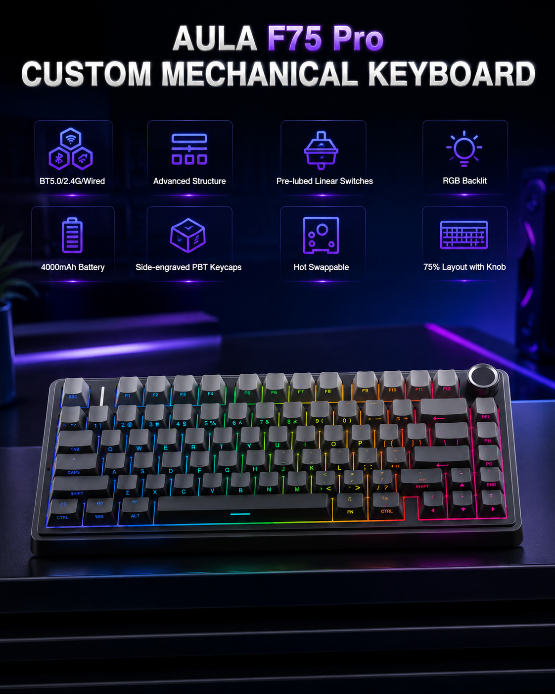 NEXUS |AULA F75 Pro Wireless Mechanical Keyboard,75% Hot Swappable Custom Keyboard with Knob,RGB Backlit,Pre-lubed Reaper Switches,Side Printed PBT Keycaps,2.4GHz/USB-C/BT5.0 Mechanical Gaming Keyboards