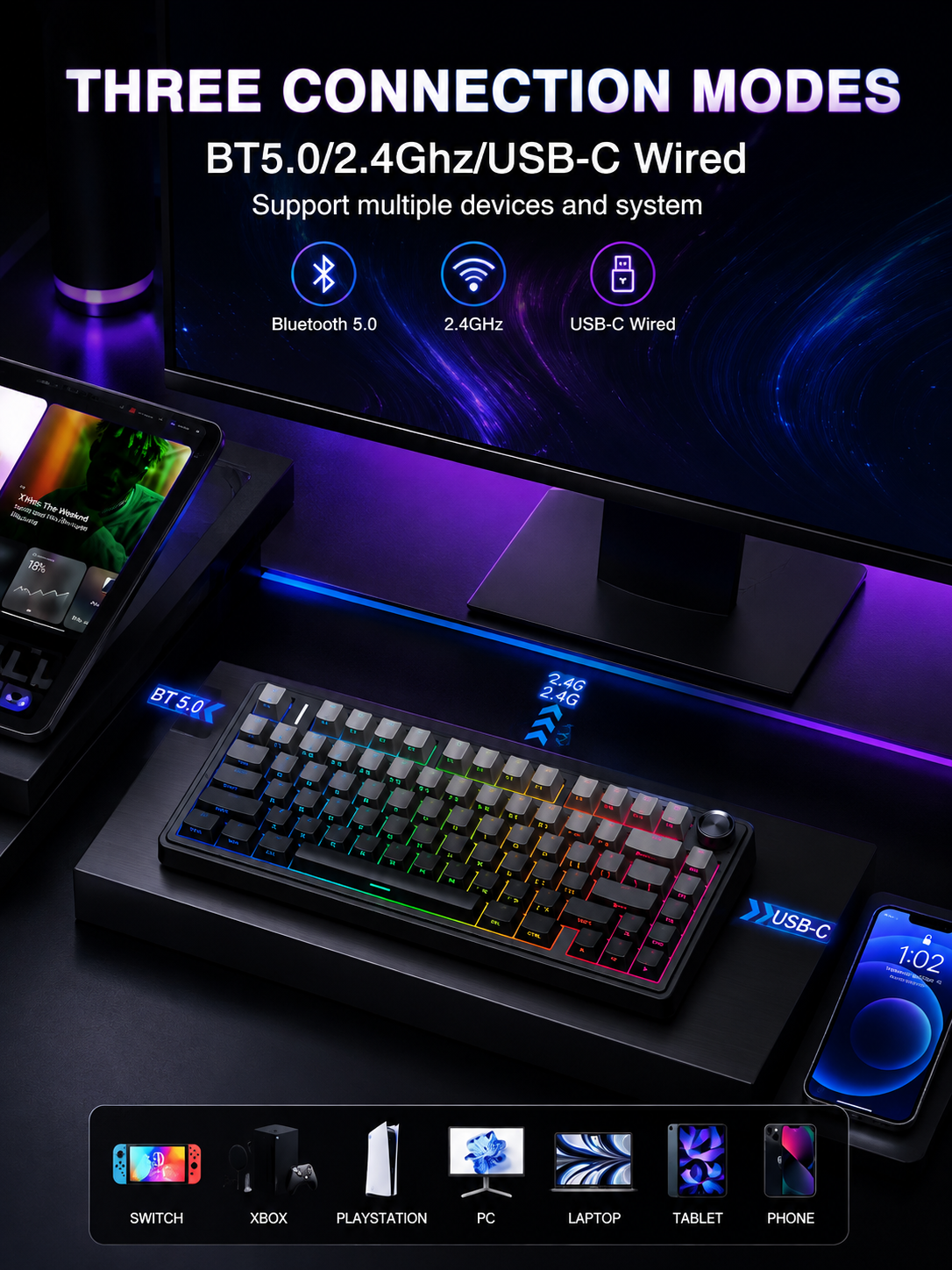 NEXUS |AULA F75 Pro Wireless Mechanical Keyboard,75% Hot Swappable Custom Keyboard with Knob,RGB Backlit,Pre-lubed Reaper Switches,Side Printed PBT Keycaps,2.4GHz/USB-C/BT5.0 Mechanical Gaming Keyboards
