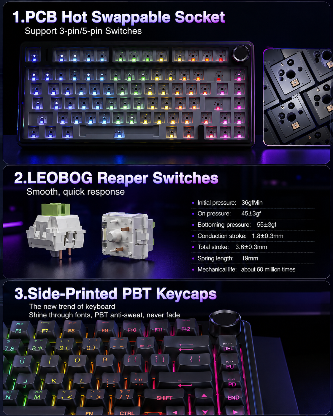NEXUS |AULA F75 Pro Wireless Mechanical Keyboard,75% Hot Swappable Custom Keyboard with Knob,RGB Backlit,Pre-lubed Reaper Switches,Side Printed PBT Keycaps,2.4GHz/USB-C/BT5.0 Mechanical Gaming Keyboards