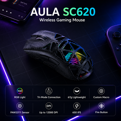 Nexus | Aula SC620 Wireless Gaming Mouse, Tri-Mode 2.4Ghz/Usb-C/Bt5.3 Computer Mouse with 12000 DPI, Programmable Macro Gamer Mouse with Rapid Fire Key, RGB Light Gaming Mice for Pc/Laptop/Mac