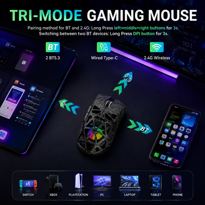 Nexus | Aula SC620 Wireless Gaming Mouse, Tri-Mode 2.4Ghz/Usb-C/Bt5.3 Computer Mouse with 12000 DPI, Programmable Macro Gamer Mouse with Rapid Fire Key, RGB Light Gaming Mice for Pc/Laptop/Mac