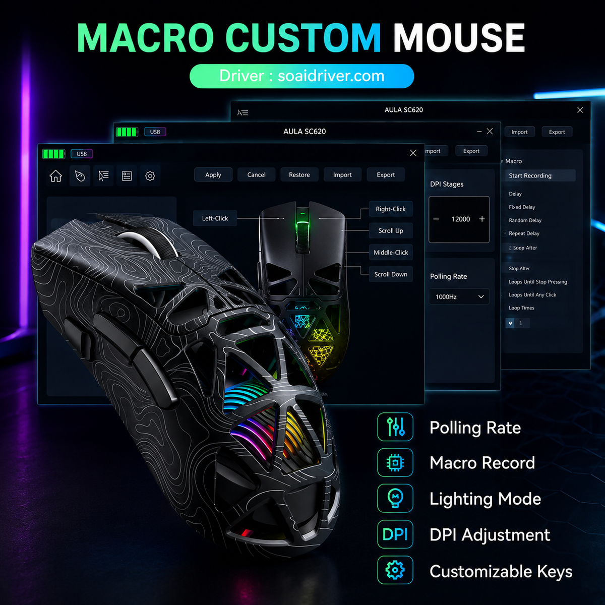 Nexus | Aula SC620 Wireless Gaming Mouse, Tri-Mode 2.4Ghz/Usb-C/Bt5.3 Computer Mouse with 12000 DPI, Programmable Macro Gamer Mouse with Rapid Fire Key, RGB Light Gaming Mice for Pc/Laptop/Mac