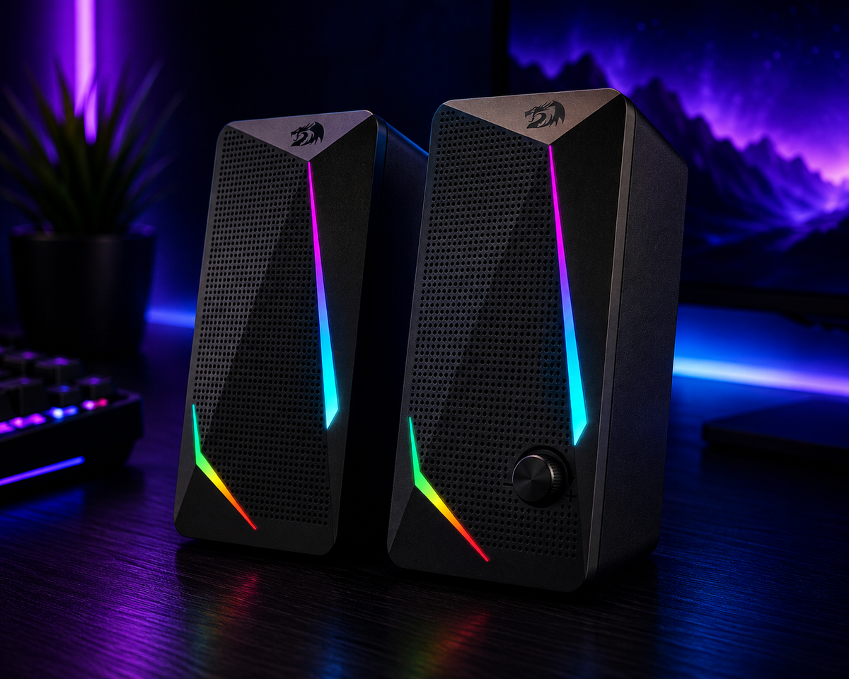 Nexus | Redragon GS510 RGB Wired Desktop Speakers, 2.0 Channel Stereo Sound, Black | 4 Colorful LED Backlight Modes, Enhanced Bass, Easy-Access Volume Control, Plug & Play USB Powered PC Gaming Speaker