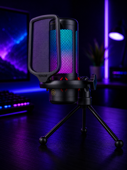Nexus | TONOR Gaming Microphone Set, PC Condenser Mic with RGB for Gamers | Desktop Stand Set, Quick Mute, Volume Control, for Twitch Streaming, Discord Chatting, 200 Cm/78'' Cable, Black, TC310