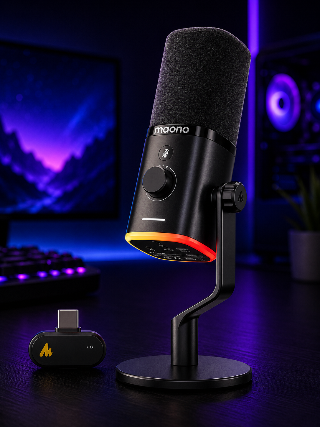 Nexus | MAONO PD100W Wireless Dynamic Gaming Microphone for PC with USB-C Receiver | One-Click Noise Reduction,Custom Rgb,Mute,Monitoring, Companion App,Wireless Desktop Mic for Creator, Stream, Podcast, Black