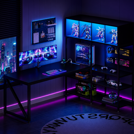 63" L Shaped Gaming Desk with Display Hutch and Large Desktop, Black | LED Lights, Power Outlets, PC Tower Display Shelf, Pegboard, Storage Shelves, Reversible Layout for Gaming and Home Office