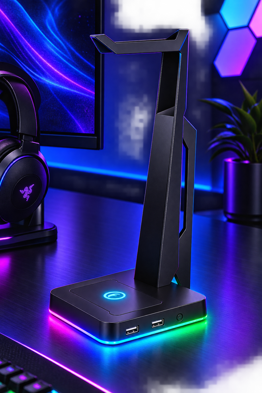 Nexus | RGB Gaming Headset Stand with 2 USB Ports, Game Headphone Mount for PC, Xbox One, PS4, Switch, Earphone Holder Hanger, Great for Gaming Stations, Fancy Desk Gamer Accessories, Black