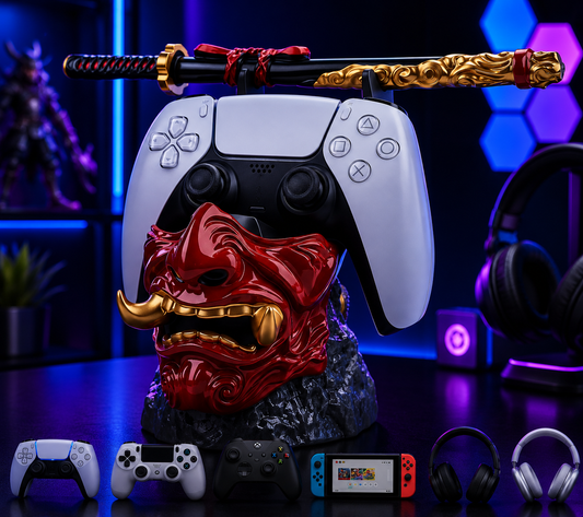 Nexus | Nexus | Gaming Controller Holder Stand Accessories: Samurai Warrior Mask Stand for PS5 Xbox Switch & Headsets, Resin Multi-Device Gaming Stand Desktop Organizer & Unique Gamer Gift