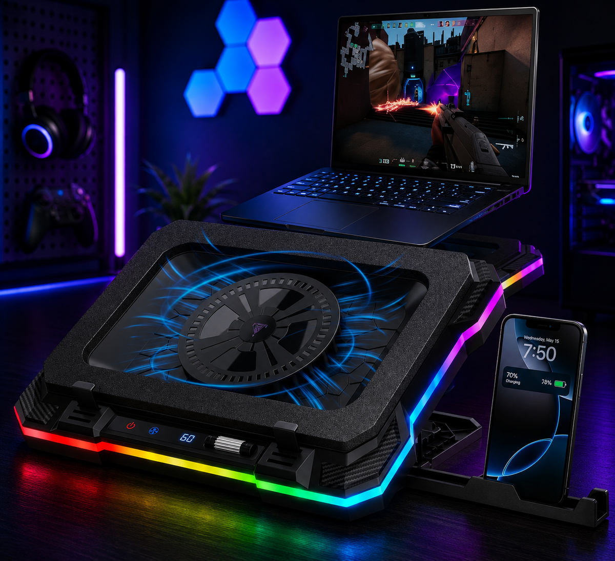 Nexus | Gaming Laptop Cooling Pad with USB Hub - Boost Performance, Stay Comfortable - RGB Laptop Cooler Stand with Adjustable Height & Fan Speed, RGB, USB (C + A) Hub, for 15.6" - 19" Laptops