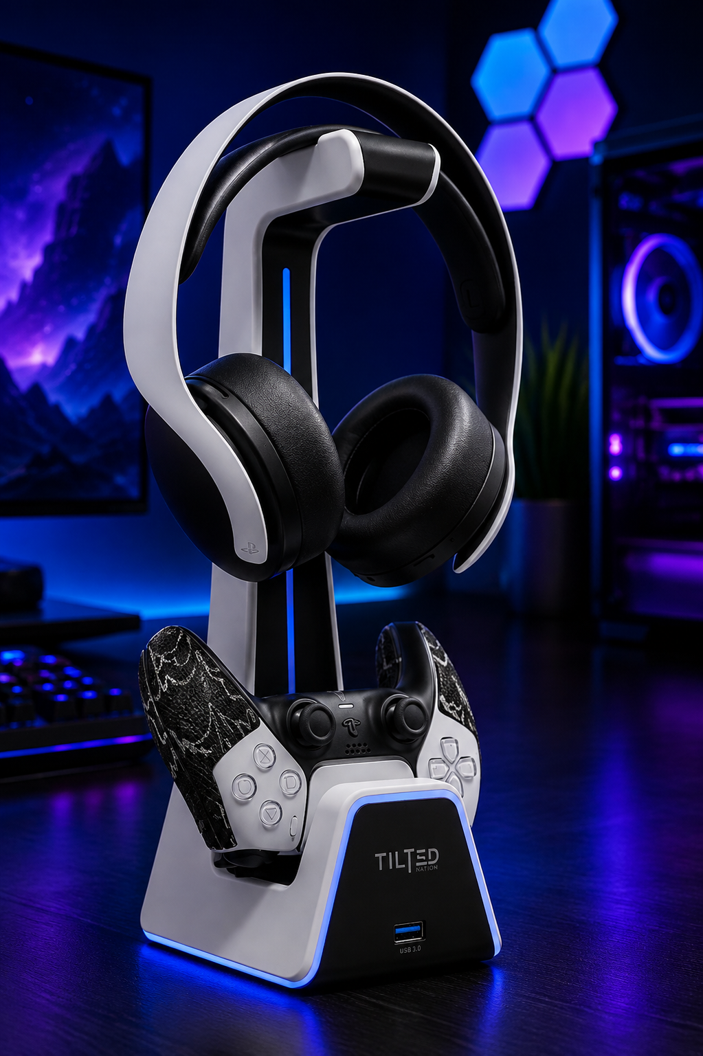 Nexus | Gaming Headset and Controller Stand | Premium PS5 Accessories (Clean Space with Charging Station) Headphone and Controller Holder for Desk, Playstation 5, Xbox Game,