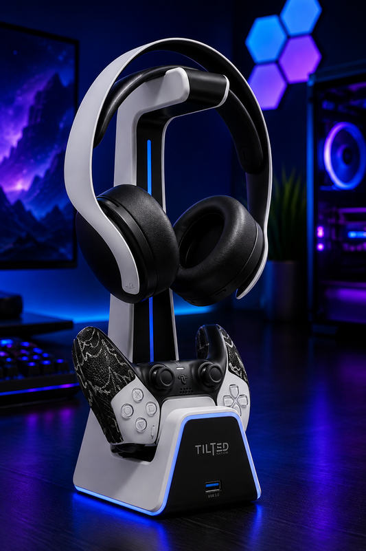 Nexus | Gaming Headset and Controller Stand | Premium PS5 Accessories (Clean Space with Charging Station) Headphone and Controller Holder for Desk, Playstation 5, Xbox Game,