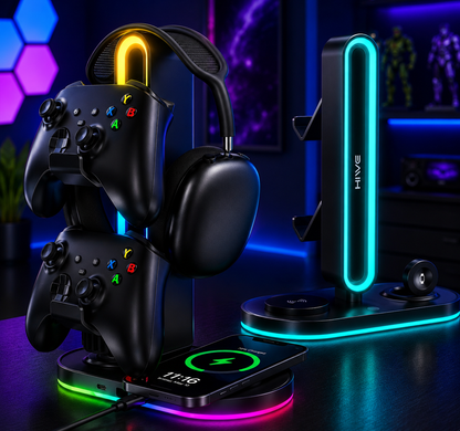 Nexus | Headphone Stand, Dual Controller Holder, Magsafe Charger for Iphone/Iwatch | RGB Gaming Headset Stand for All Headphones, Dual Outputs, ABS Solid Base, Adapter Included, Table Desk Organizer