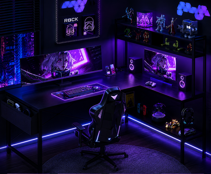 Nexus | L Shaped Desk Gaming Desk, 59" L Shaped Computer Desk with LED Light & Power Outlet, Reversible Home Office Desk Gamer Desks with Shelves & Storage Bag & Hooks, Corner PC Desk, Black