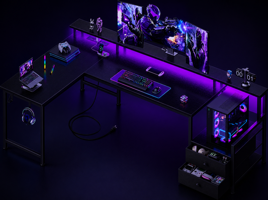 Nexus | 66'' L Shaped Gaming Desk with Storage Drawers, Power Outlets, LED | Large Reversible Computer Desk for Multiple Monitors, Black Corner with CPU Stand for Gaming, Work, Home Office, Bedroom