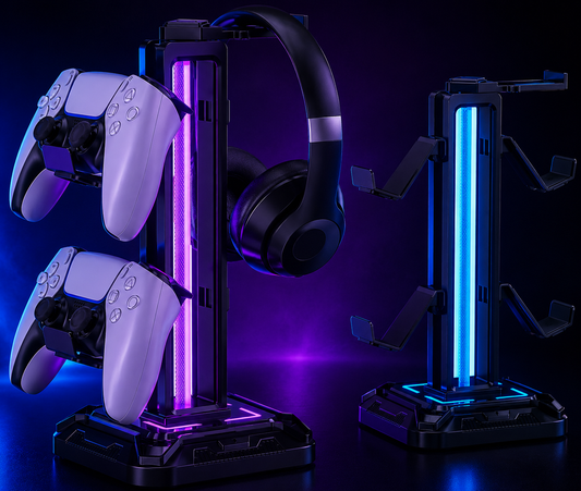 Nexus | RGB Headset Stand with 9 Light Modes - Controller Holder for Desk - Rotatable Headphone Stand & Detachable Controller Hook for PC Earphone Accessories(Black)