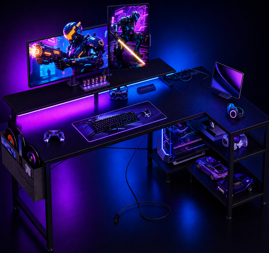 Nexus | 48 Inch L Shaped Gaming Desk with LED Lights, Power Outlets, Black | Adjustable Monitor Stand, Open Storage Shelves, Hanging Side Bag, PC Tower Stand, Reversible Layout for Gaming