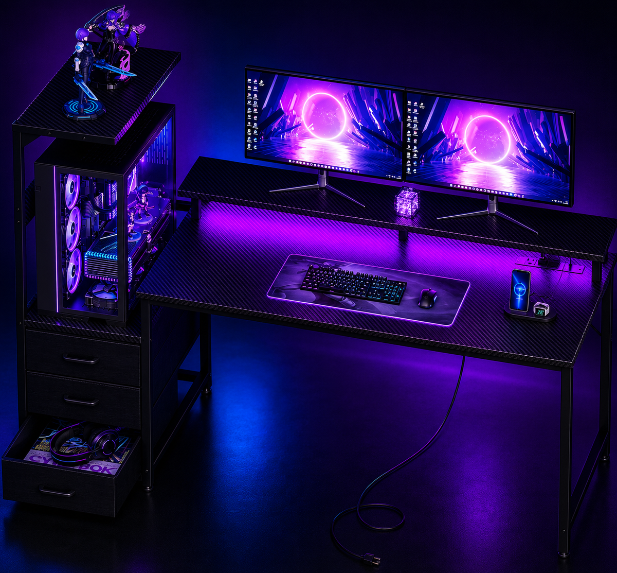 Nexus | Gaming Desk W/Pc Showcase Stand, 59" Reversible, RGB LED, Black | Elevated Stand Fits Lian Li O11, Hyte Y60. Triple Drawers Hide Cables, Controllers, Clutter