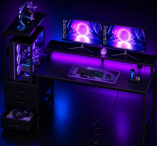 Nexus | Gaming Desk W/Pc Showcase Stand, 59" Reversible, RGB LED, Black | Elevated Stand Fits Lian Li O11, Hyte Y60. Triple Drawers Hide Cables, Controllers, Clutter